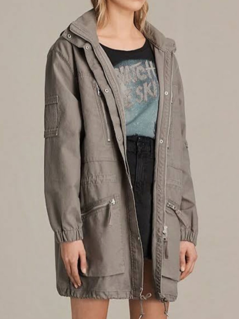 All Saints Skyler Utility Long Oversized Parka Jacket w/ Removable Hood